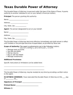 Fillable Durable Power of Attorney Template for Texas State