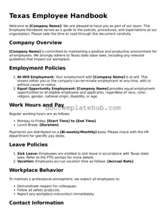 Fillable Employee Handbook Template for Texas State