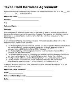 Fillable Hold Harmless Agreement Template for Texas State
