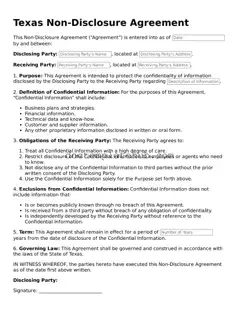Fillable Non-disclosure Agreement Template for Texas State