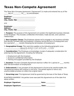 Fillable Non-compete Agreement Template for Texas State