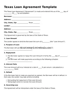 Fillable Loan Agreement Template for Texas State