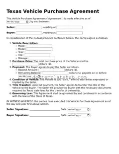 Fillable Vehicle Purchase Agreement Template for Texas State