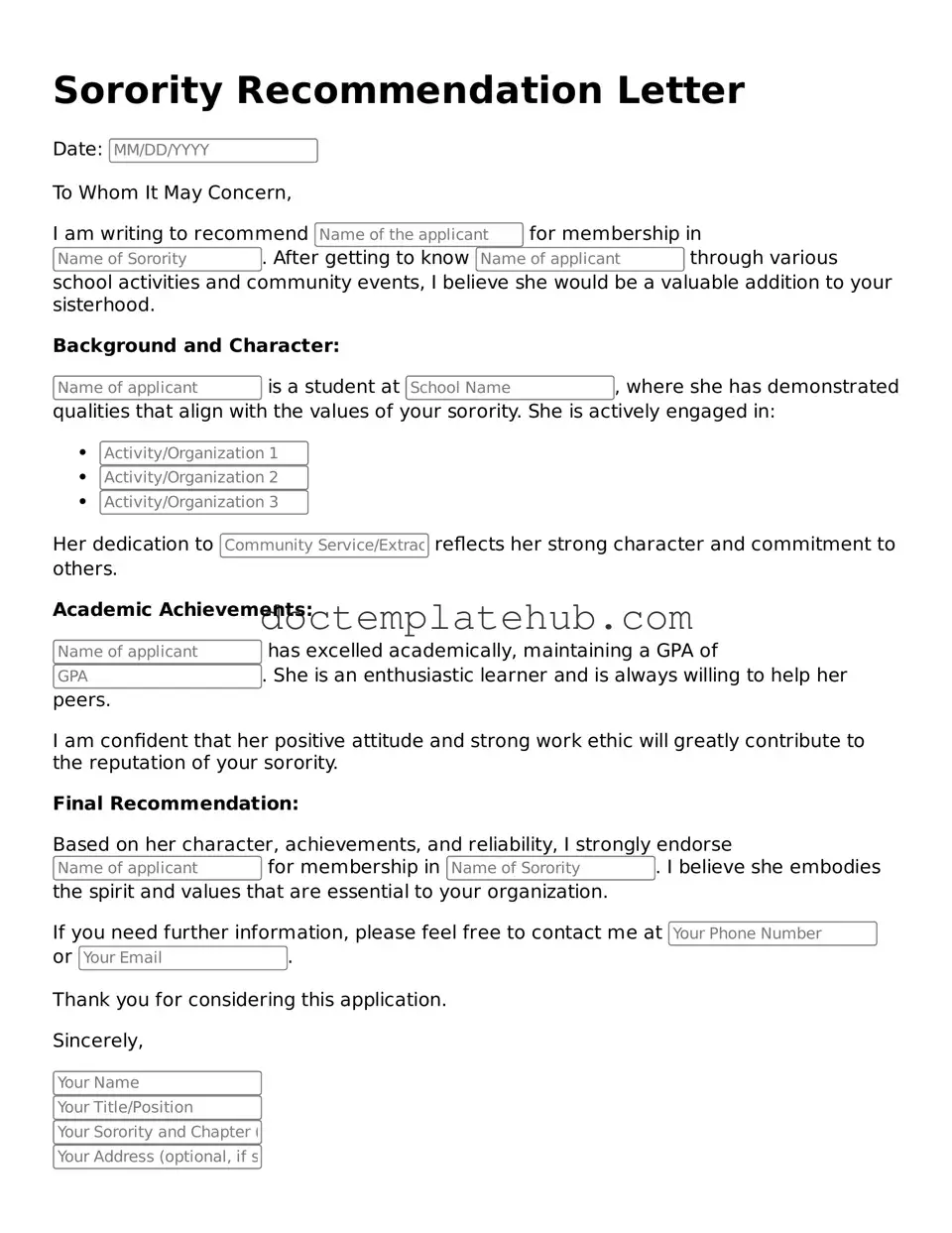 Official Sorority Recommendation Letter Form