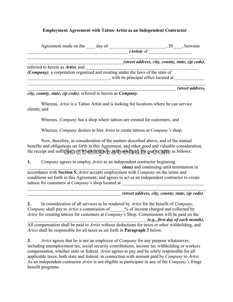 Fill Your Tattoo Shop Artist Agreement Form