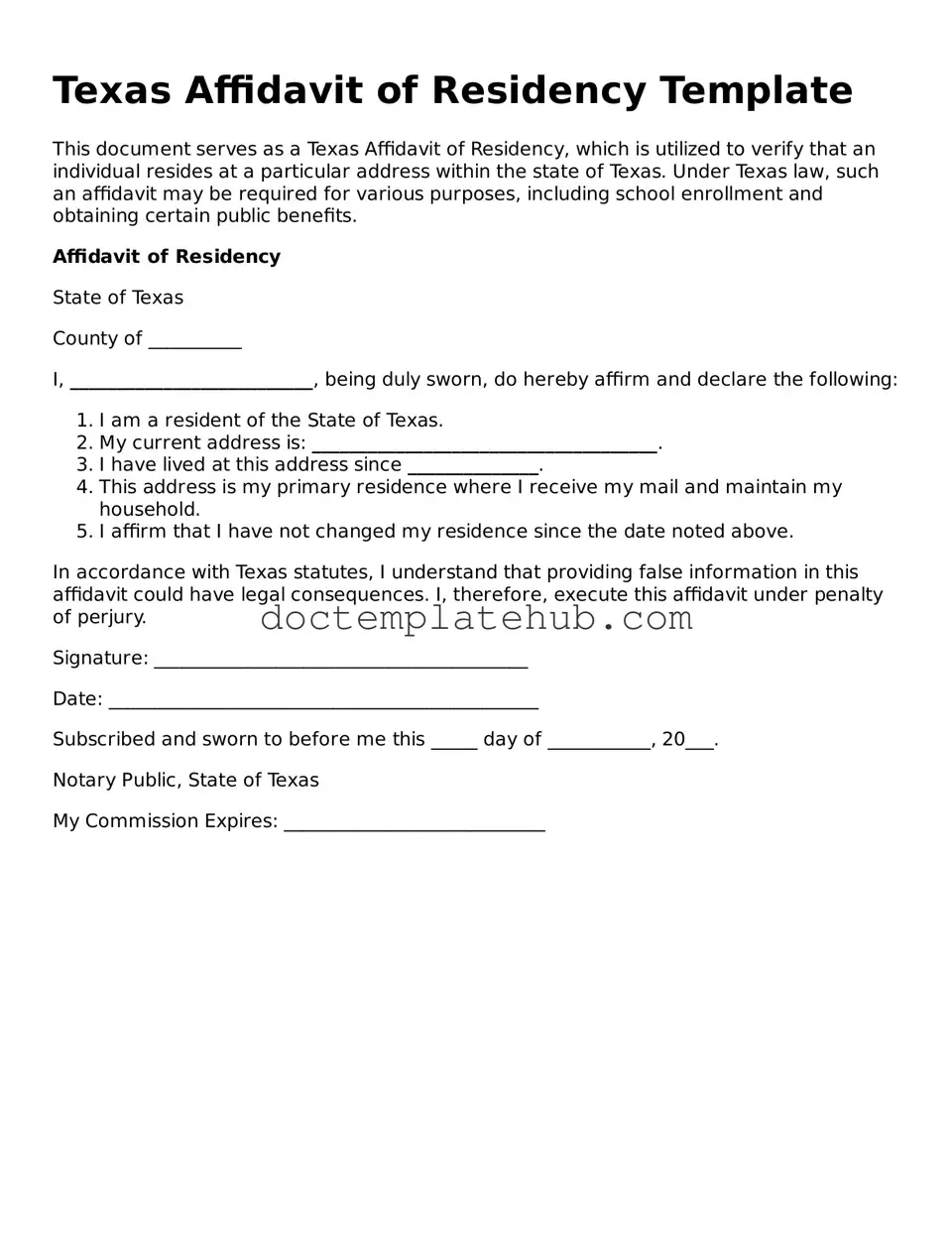 Fillable Affidavit of Residency Template for Texas State