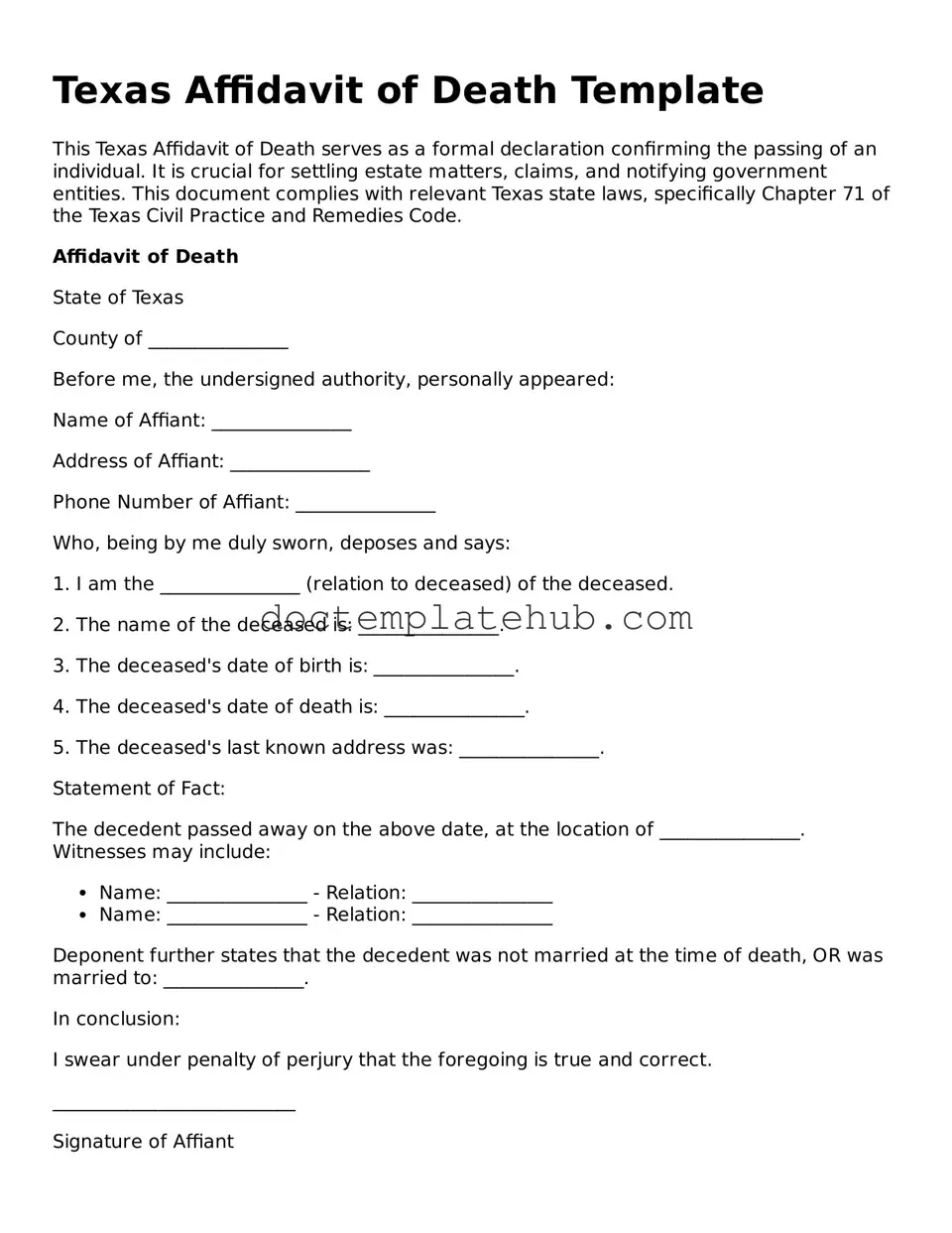 Fillable Affidavit of Death Template for Texas State