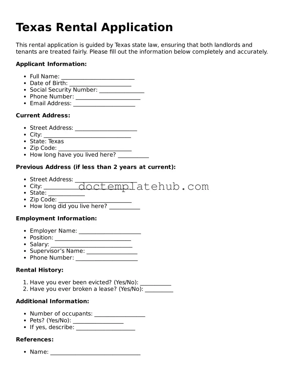 Fillable Rental Application Template for Texas State