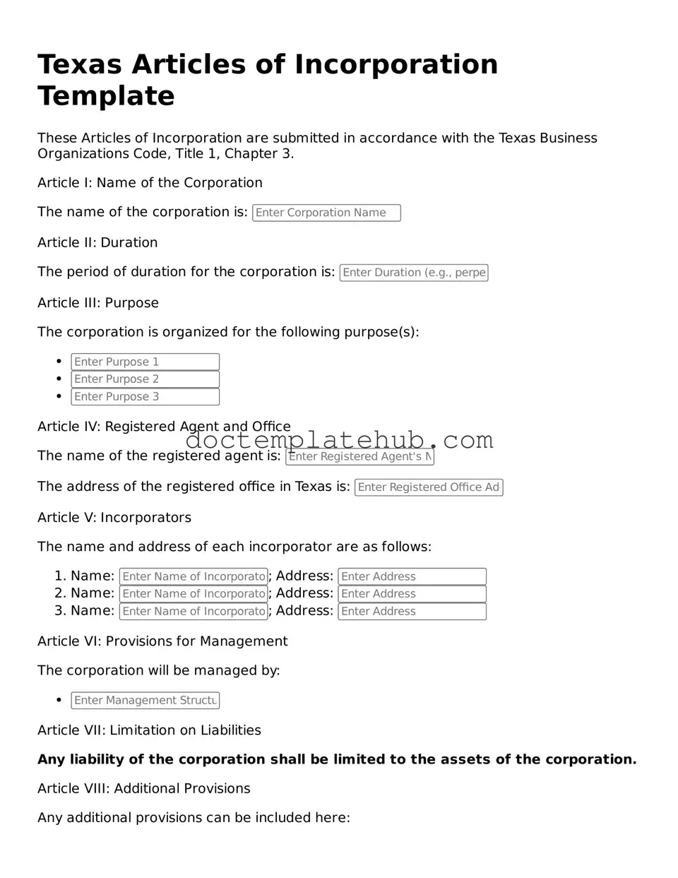 Fillable Articles of Incorporation Template for Texas State