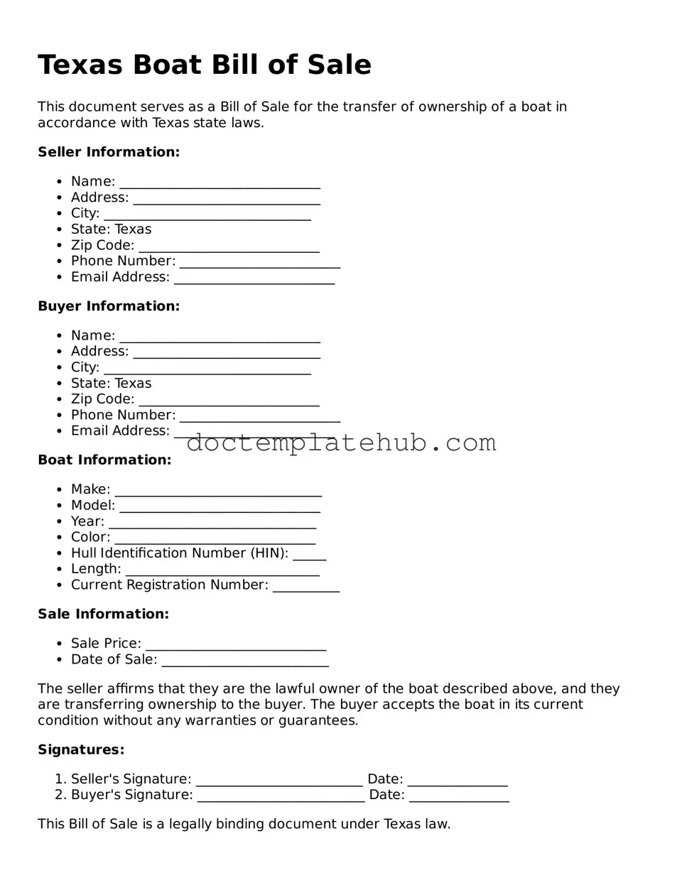 Fillable Boat Bill of Sale Template for Texas State