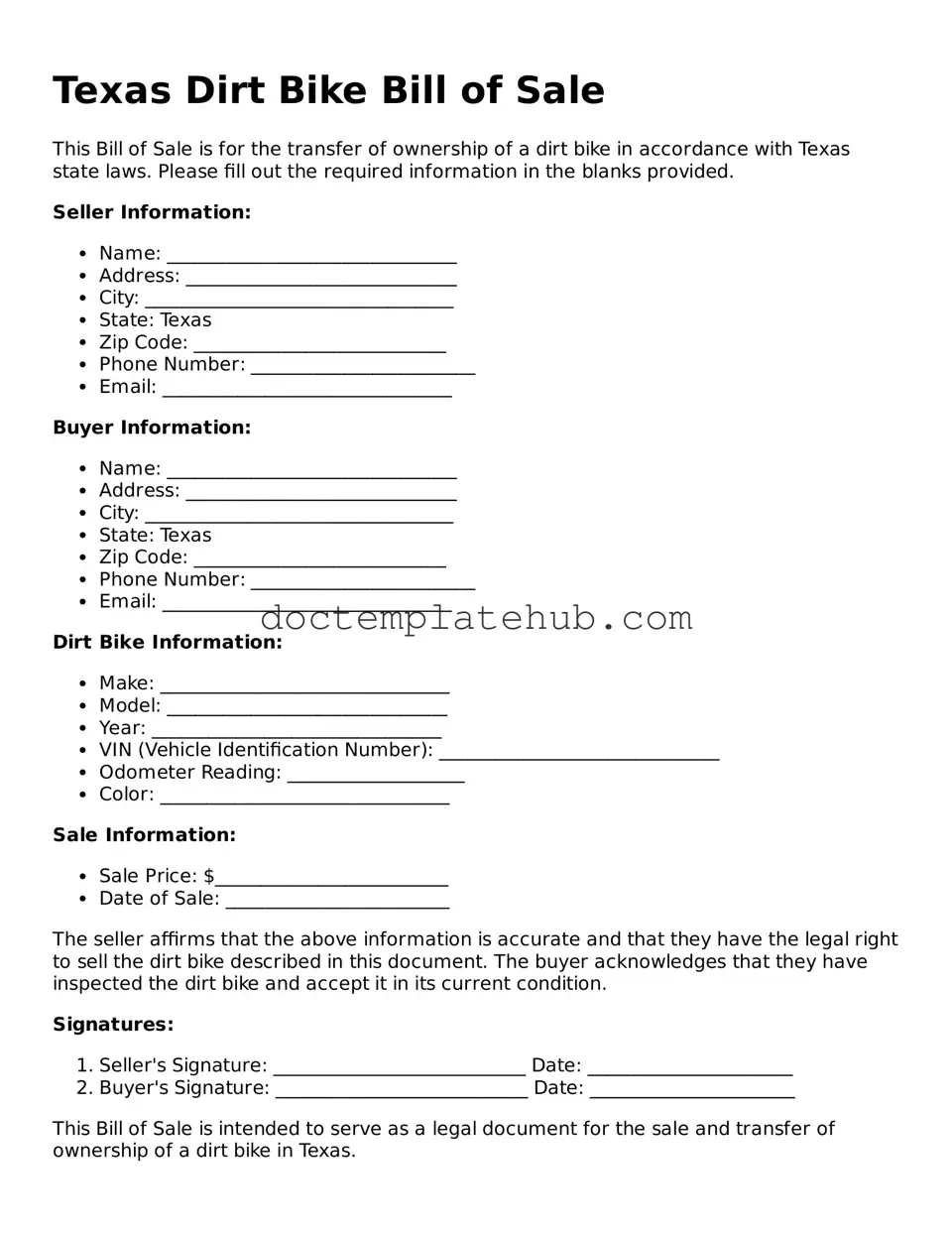 Fillable Dirt Bike Bill of Sale Template for Texas State
