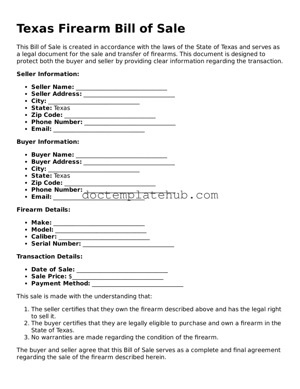 Fillable Firearm Bill of Sale Template for Texas State