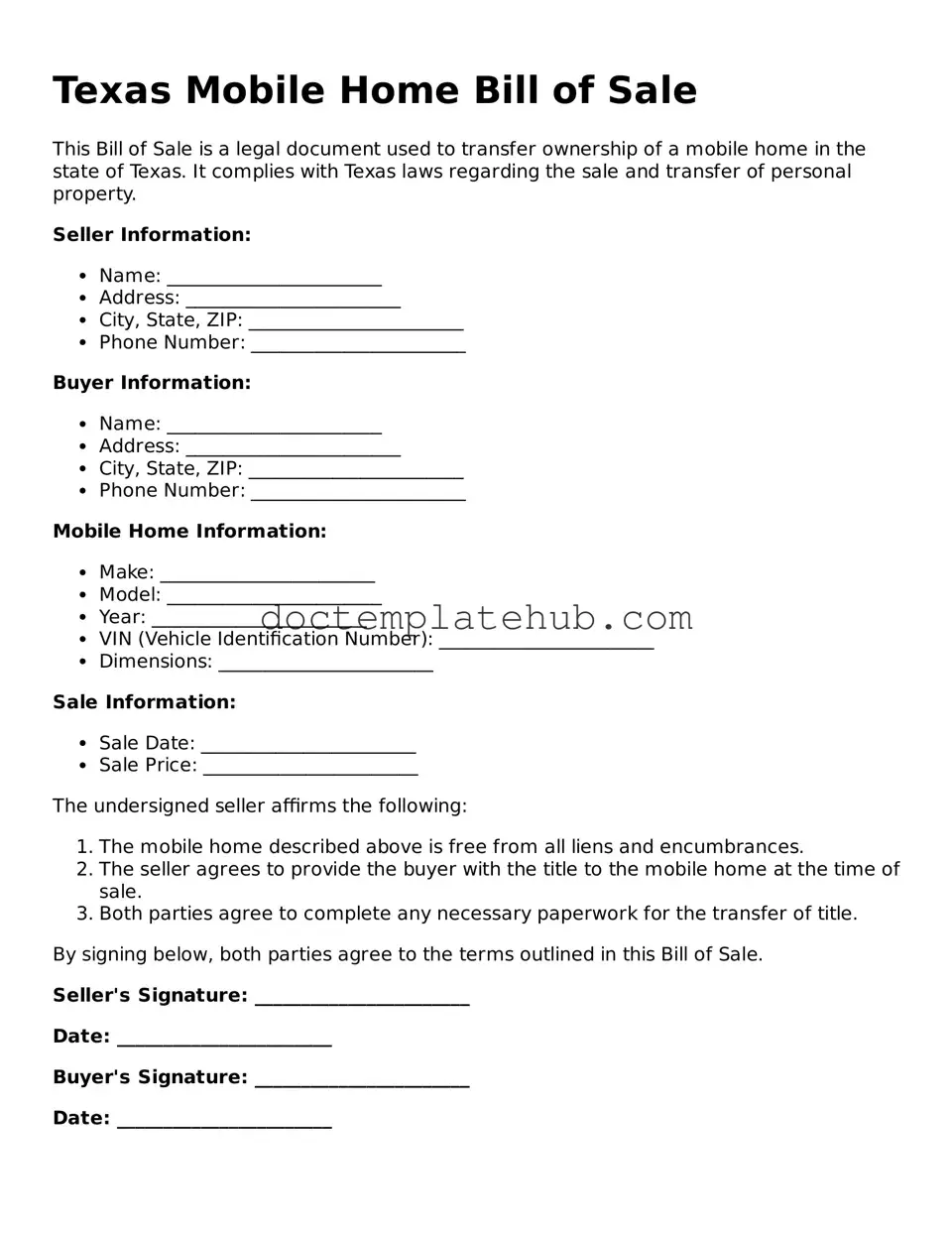 Fillable Mobile Home Bill of Sale Template for Texas State