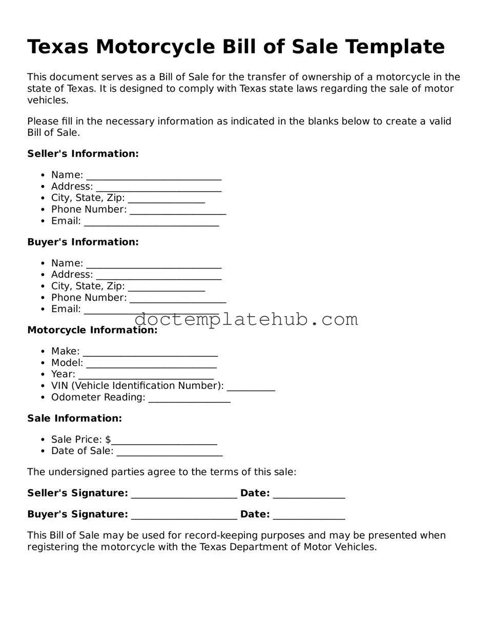 Fillable Motorcycle Bill of Sale Template for Texas State