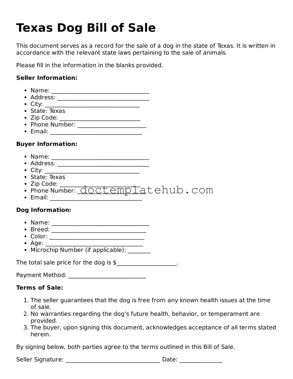 Fillable Dog Bill of Sale Template for Texas State