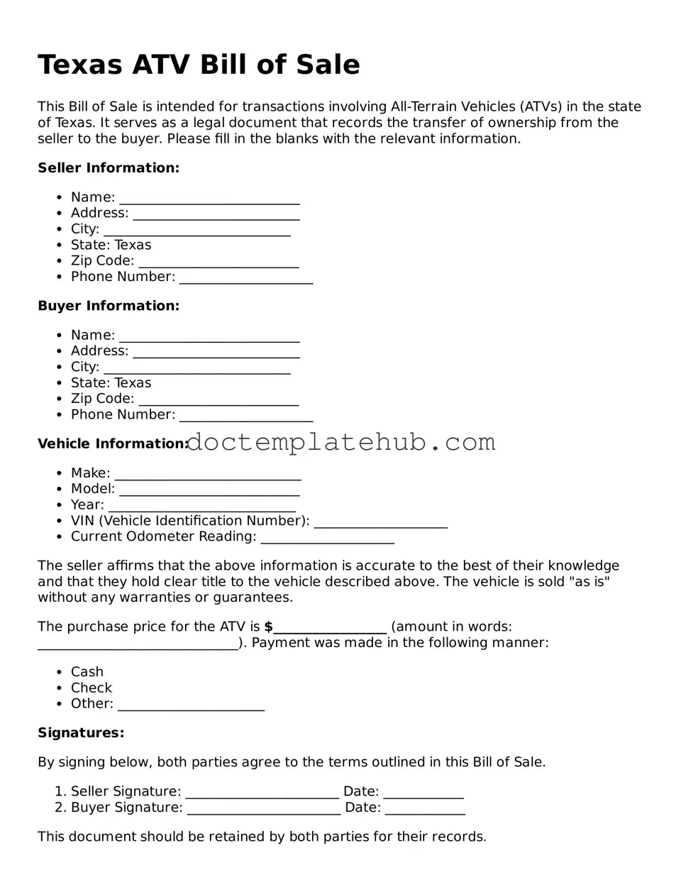 Fillable ATV Bill of Sale Template for Texas State