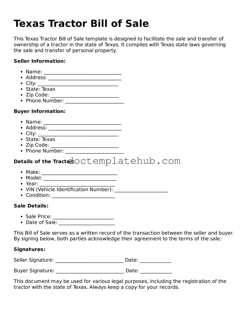 Fillable Tractor Bill of Sale Template for Texas State