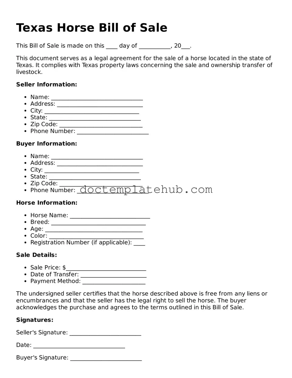 Fillable Horse Bill of Sale Template for Texas State