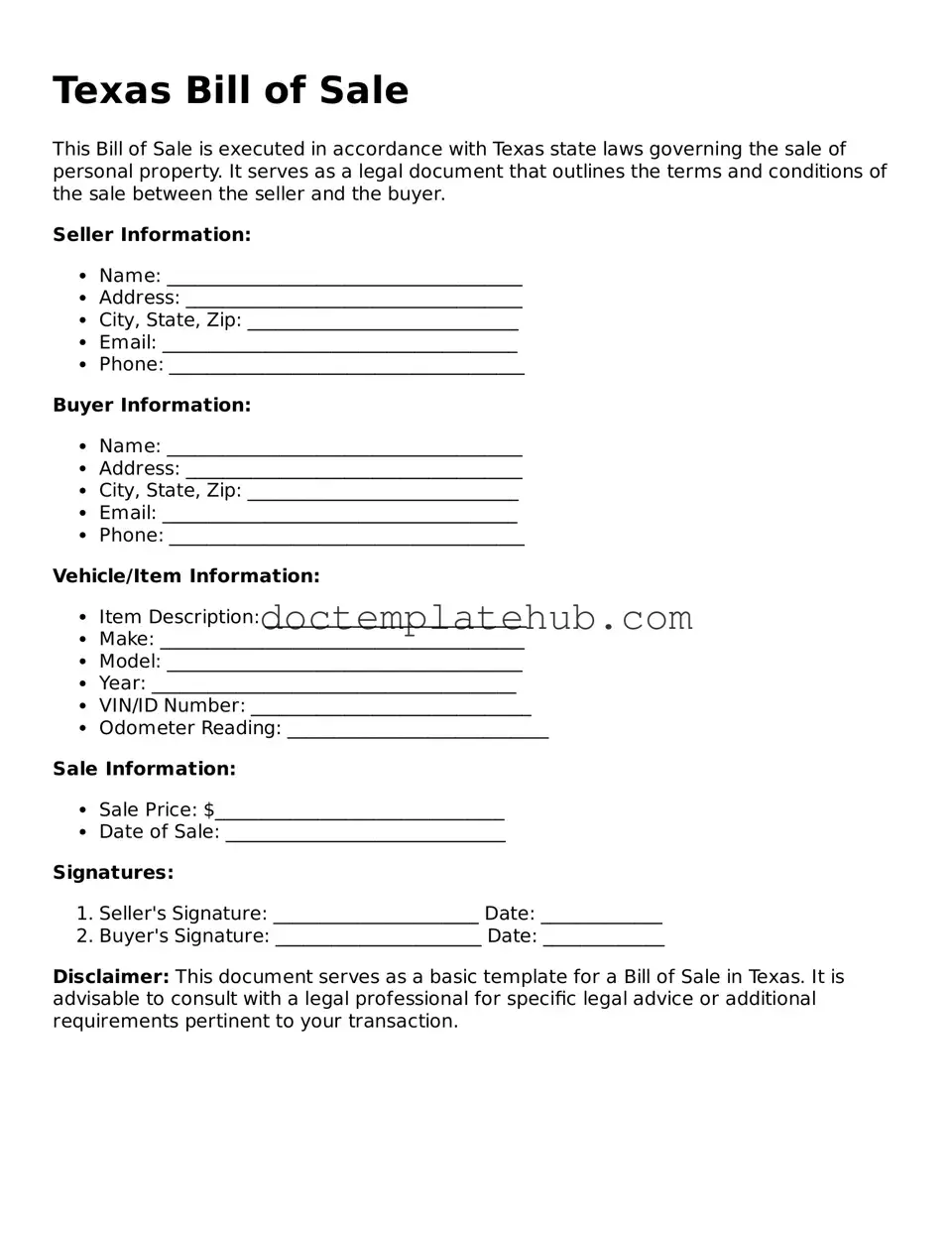 Fillable Bill of Sale Template for Texas State