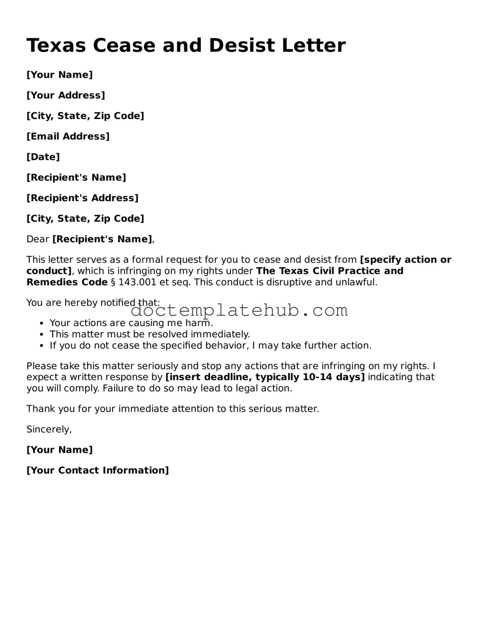 Fillable Cease and Desist Letter Template for Texas State