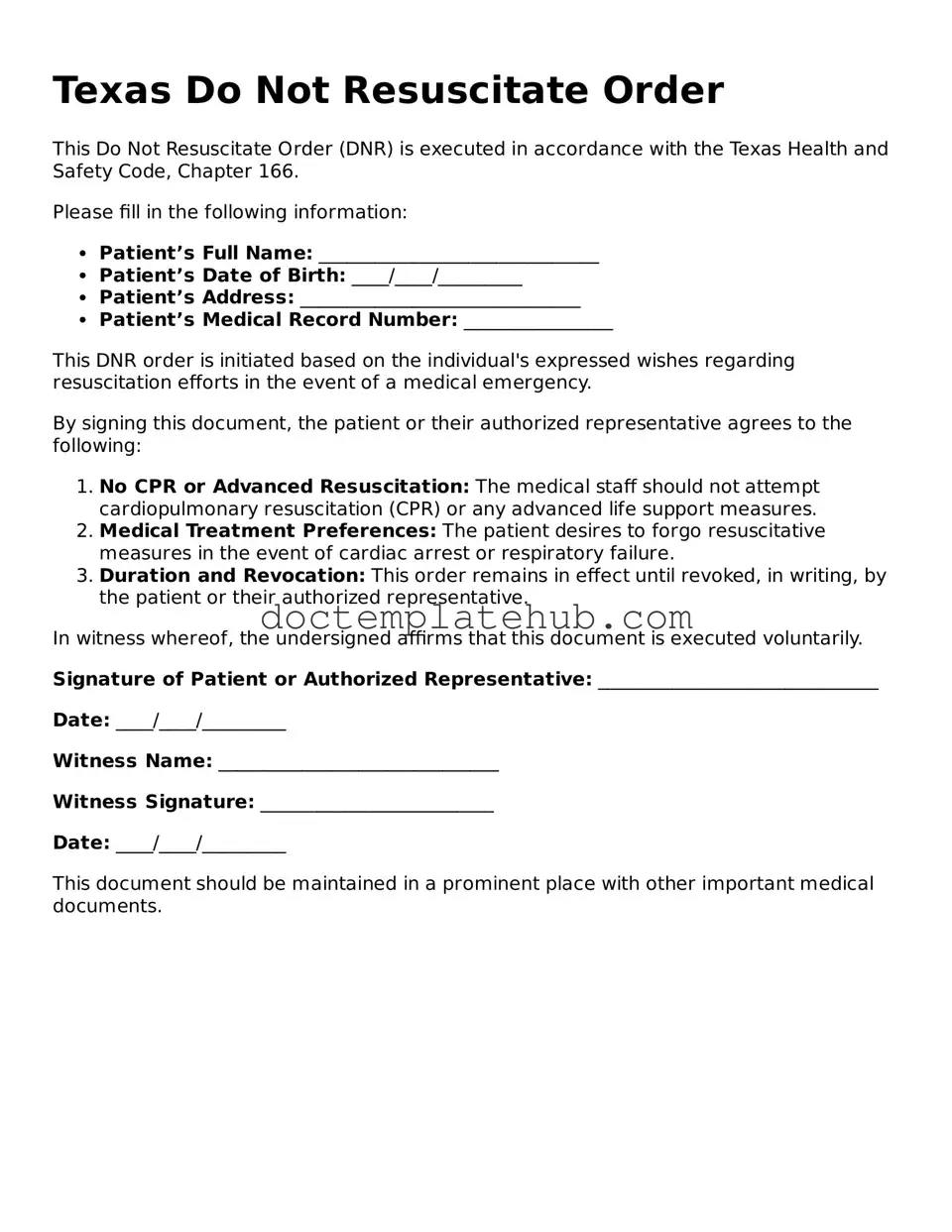 Fillable Do Not Resuscitate Order Template for Texas State
