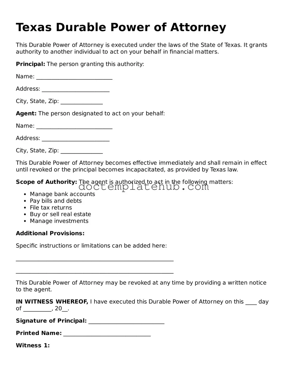 Fillable Durable Power of Attorney Template for Texas State