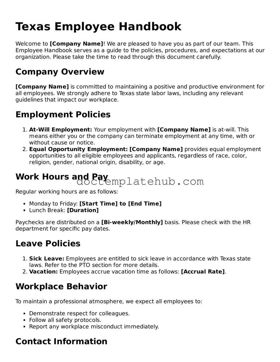 Fillable Employee Handbook Template for Texas State