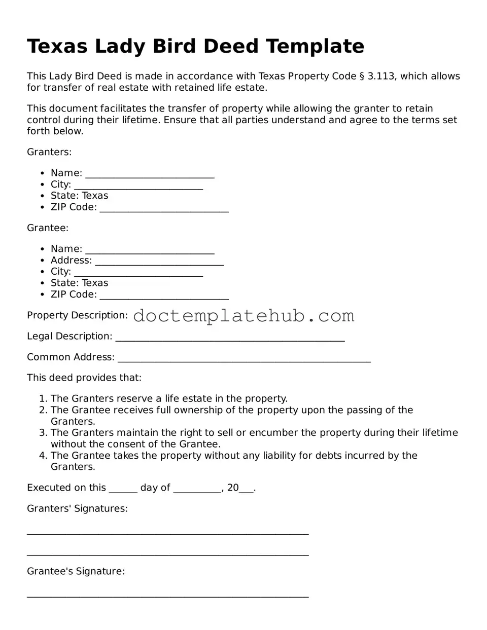 Fillable Lady Bird Deed Template for Texas State