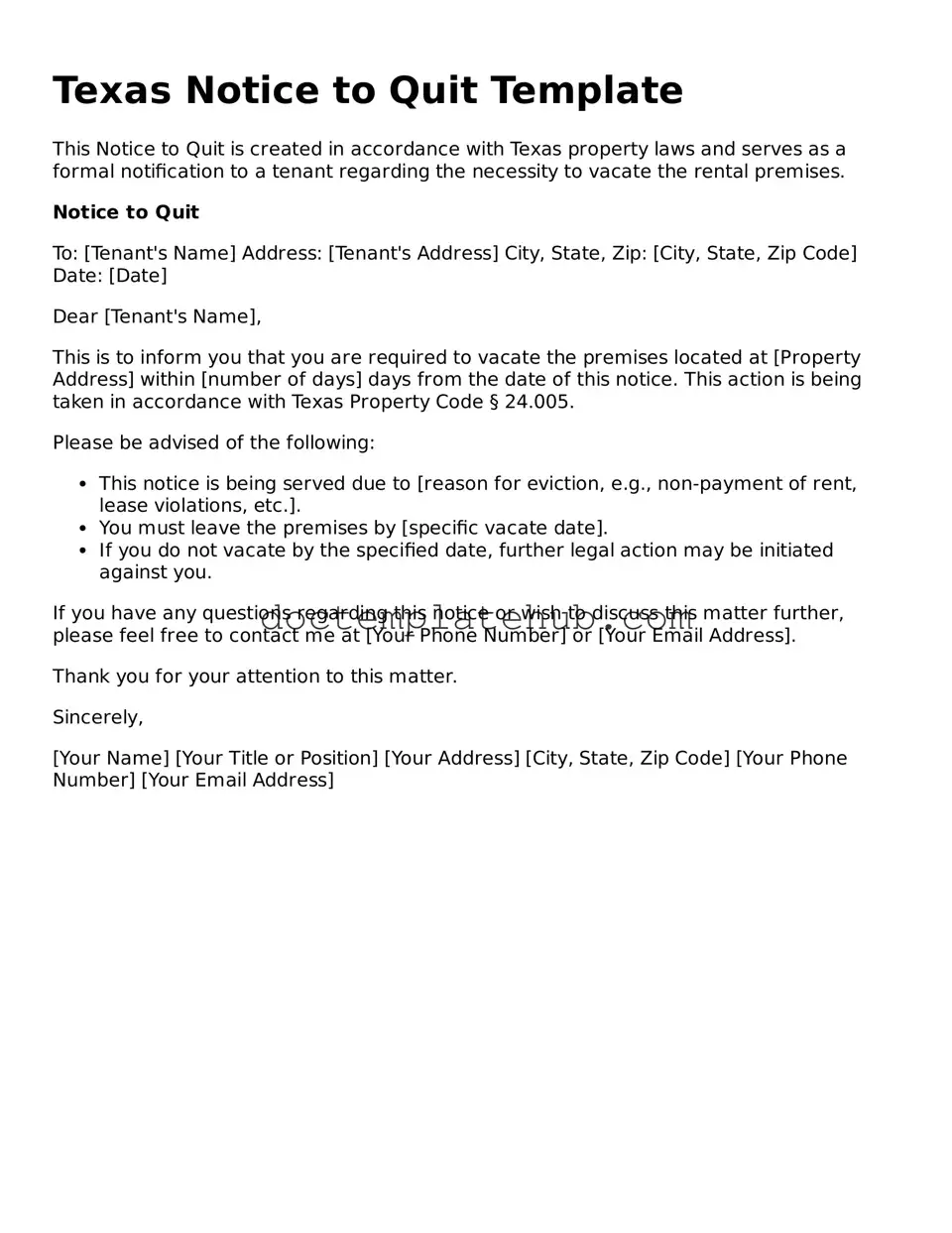 Fillable Notice to Quit Template for Texas State