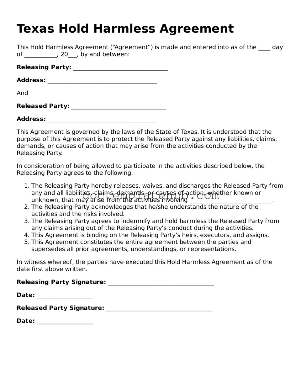 Fillable Hold Harmless Agreement Template for Texas State