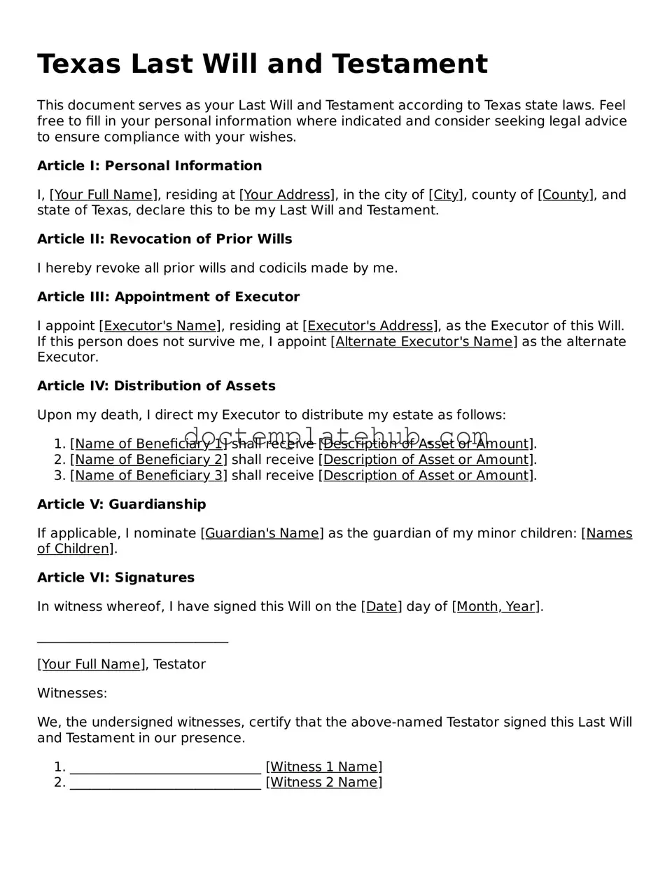 Fillable Last Will and Testament Template for Texas State