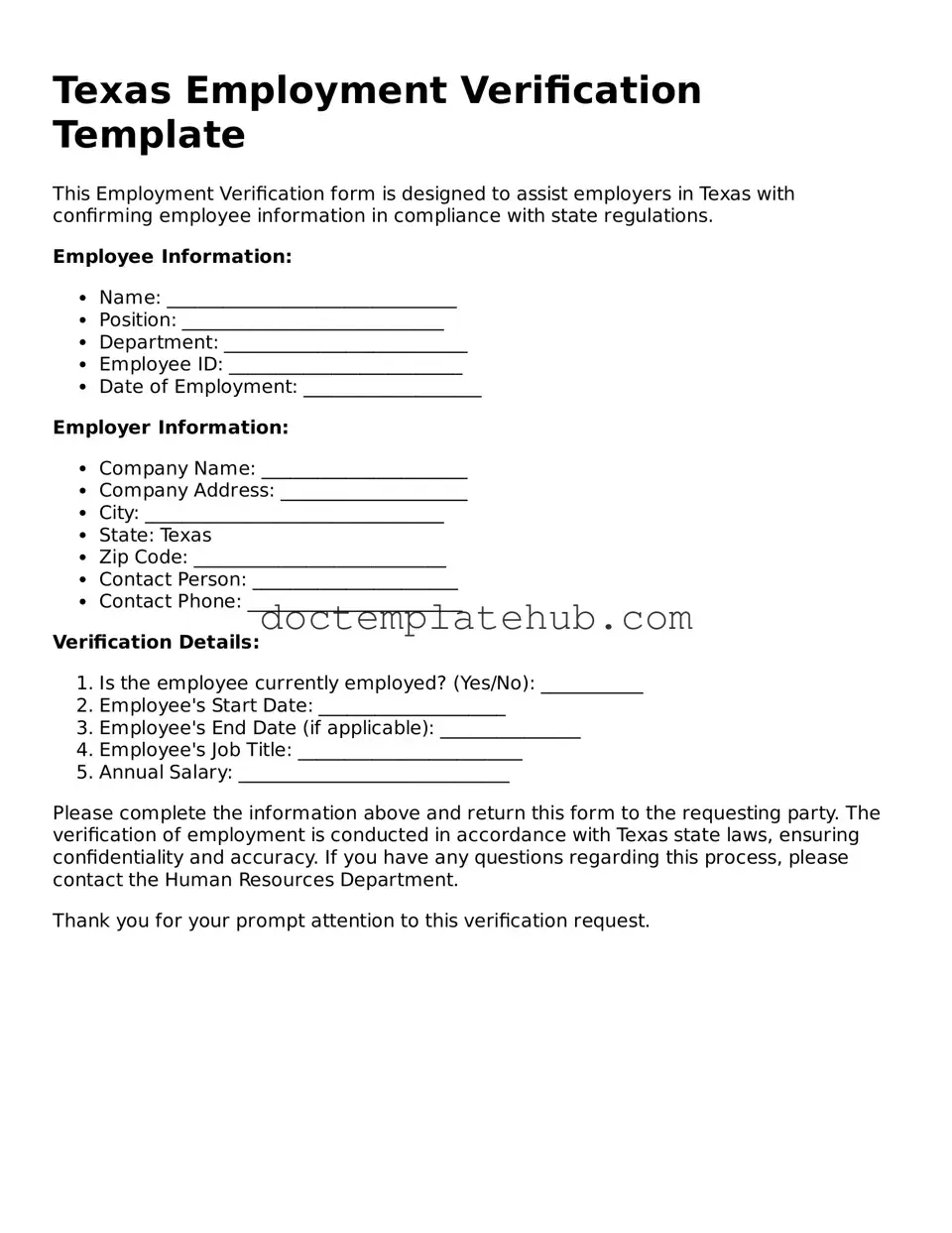 Fillable Employment Verification Template for Texas State