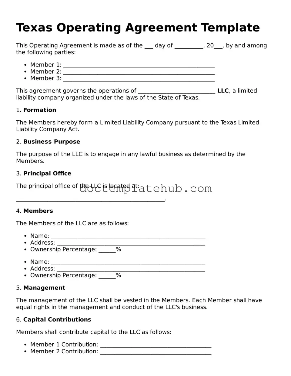Fillable Operating Agreement Template for Texas State