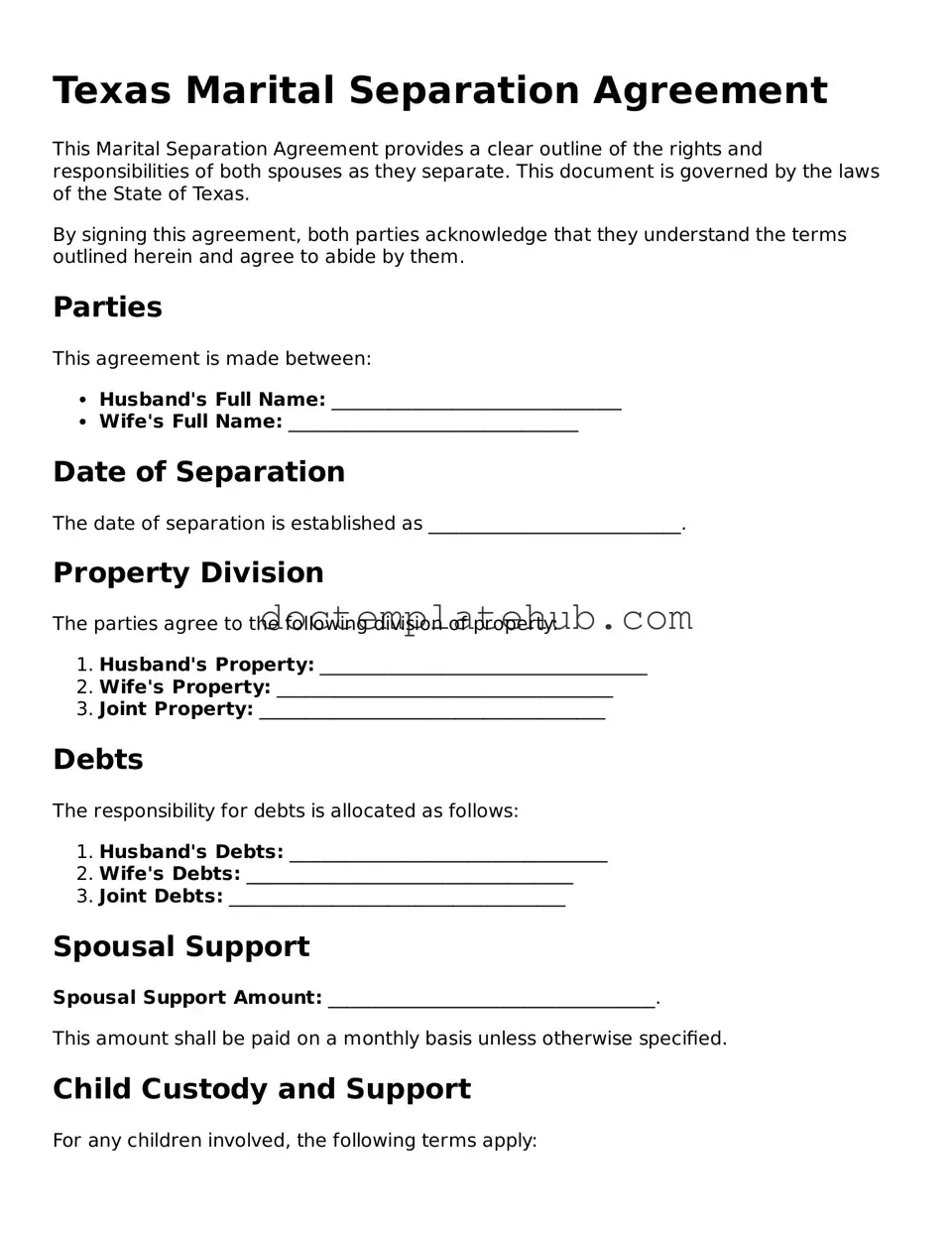 Fillable Marital Separation Agreement Template for Texas State