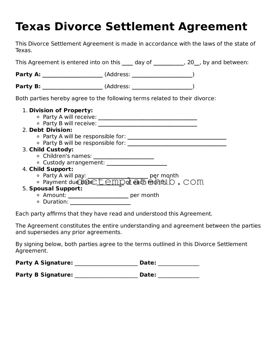 Fillable Divorce Settlement Agreement Template for Texas State