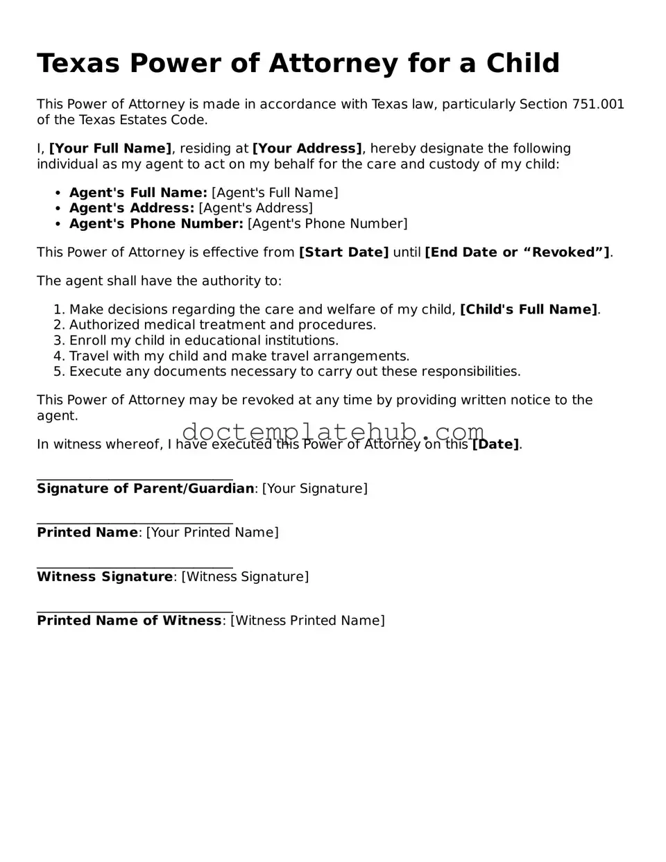 Fillable Power of Attorney for a Child Template for Texas State