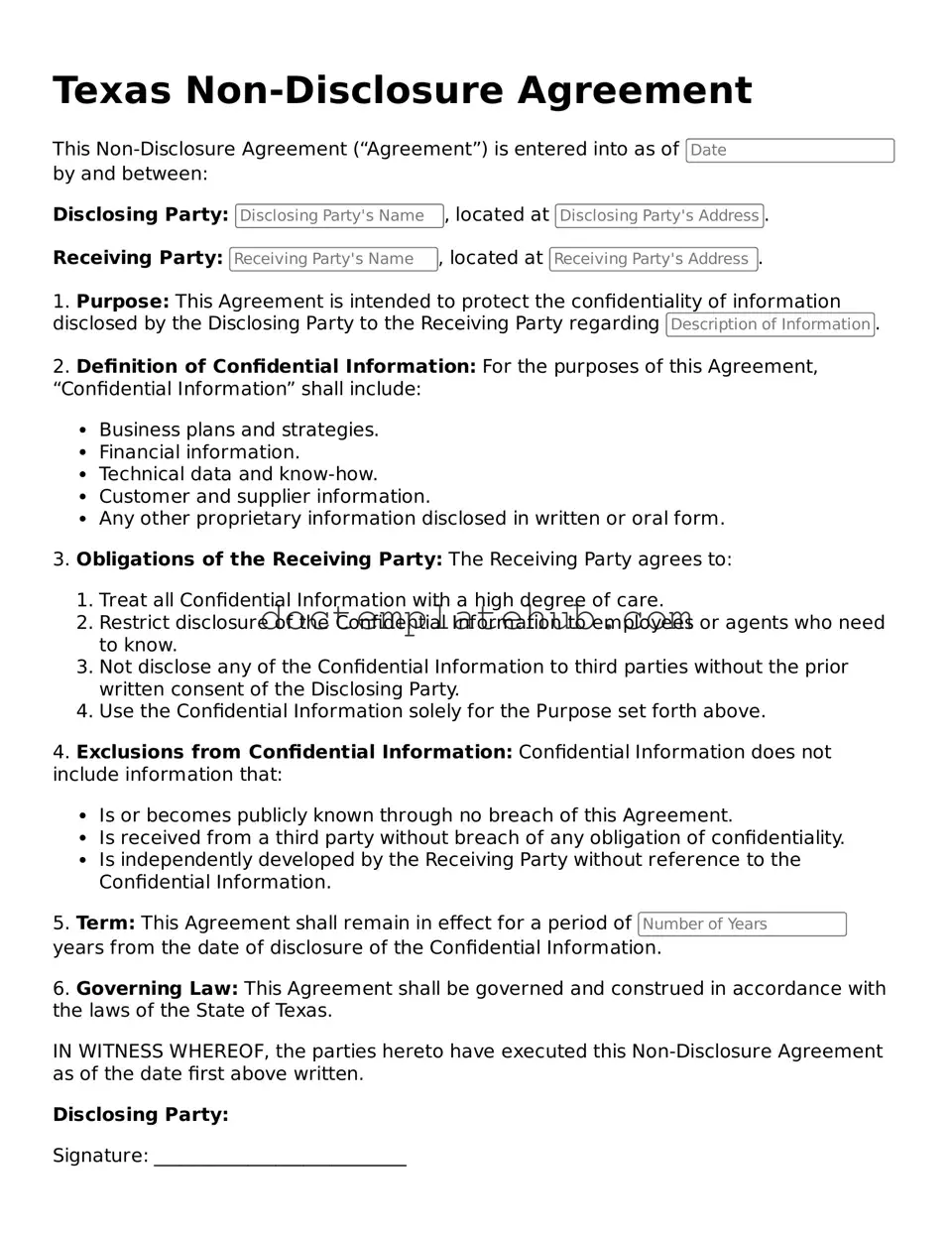 Fillable Non-disclosure Agreement Template for Texas State