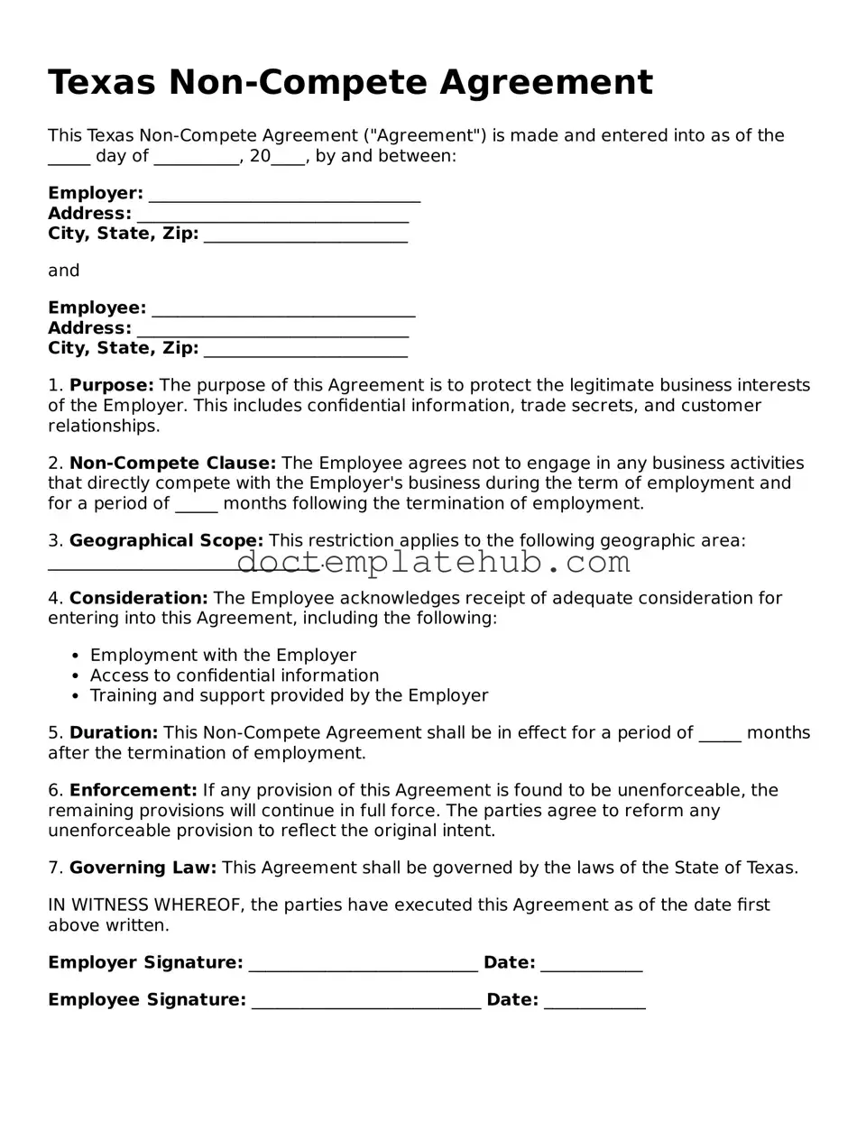 Fillable Non-compete Agreement Template for Texas State