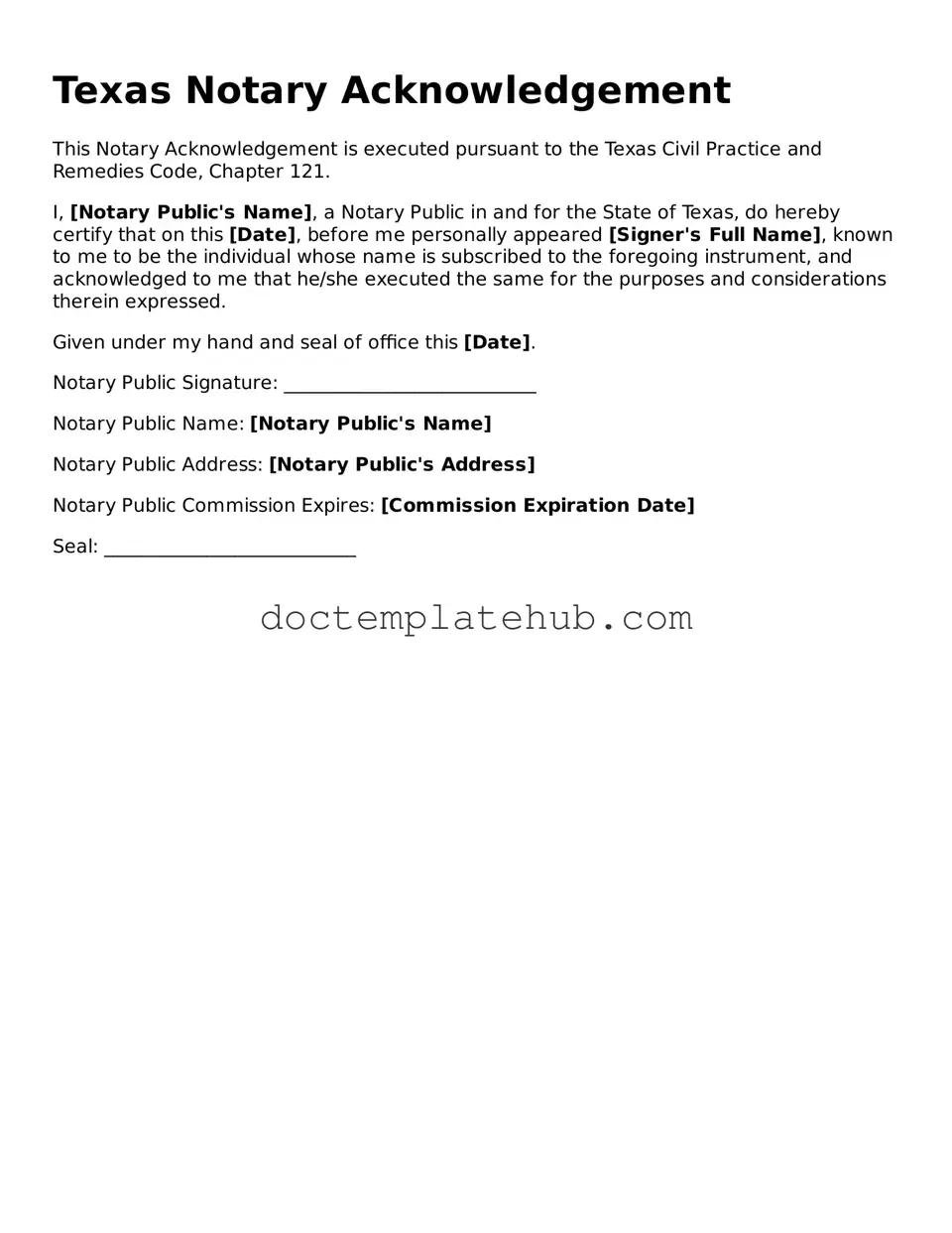 Fillable Notary Acknowledgement Template for Texas State