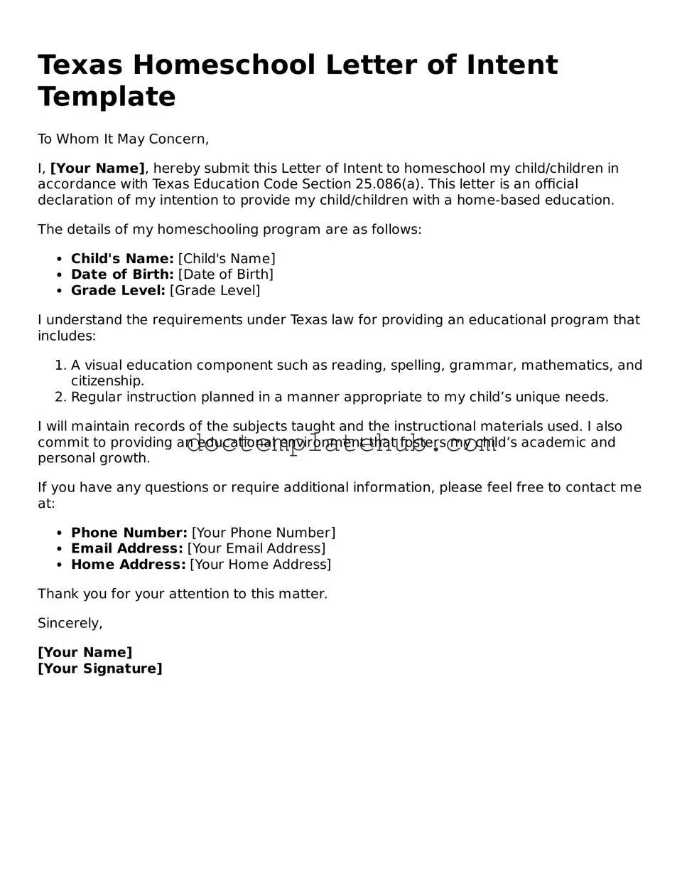 Fillable Homeschool Letter of Intent Template for Texas State