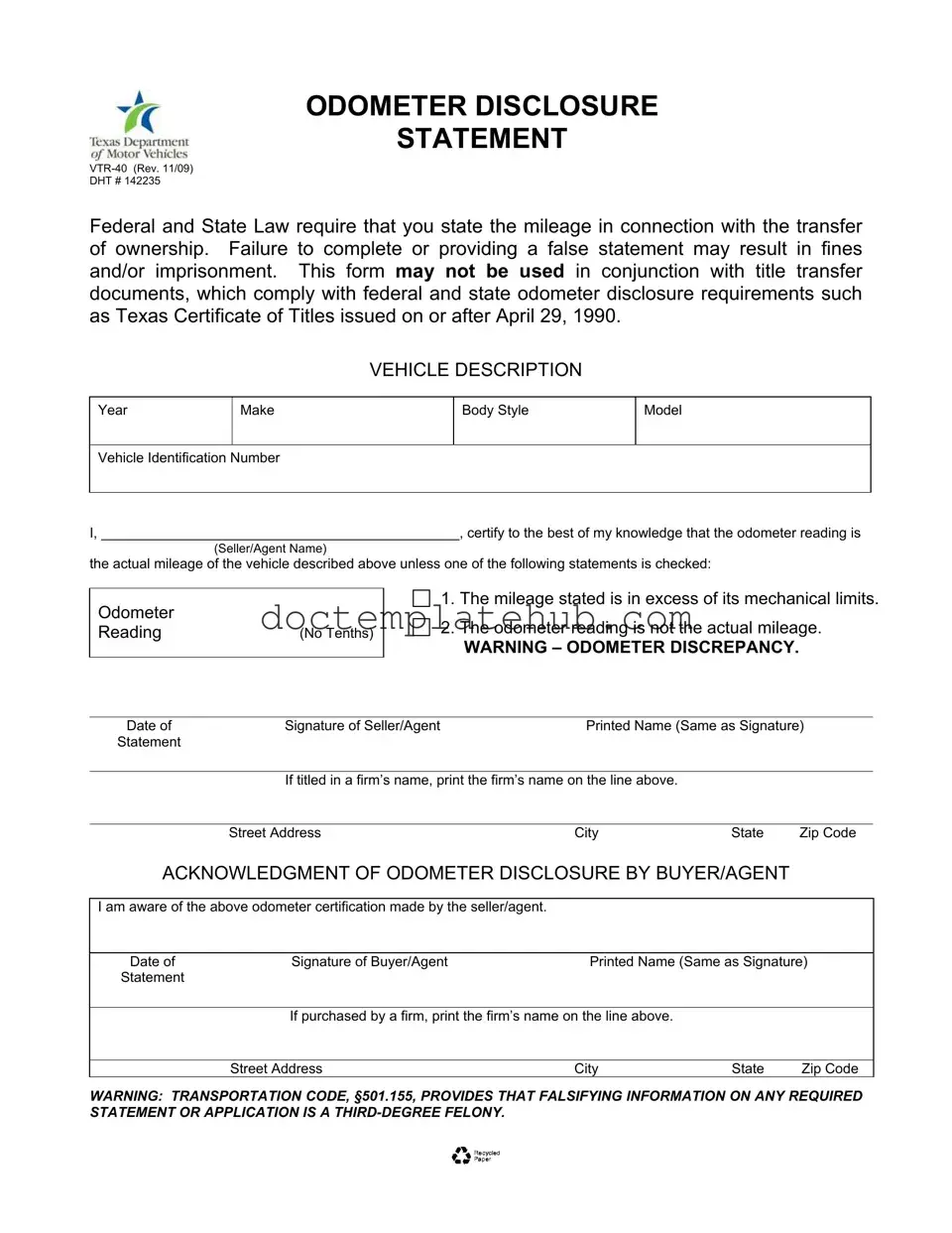 Fill Your Texas Odometer Statement Form