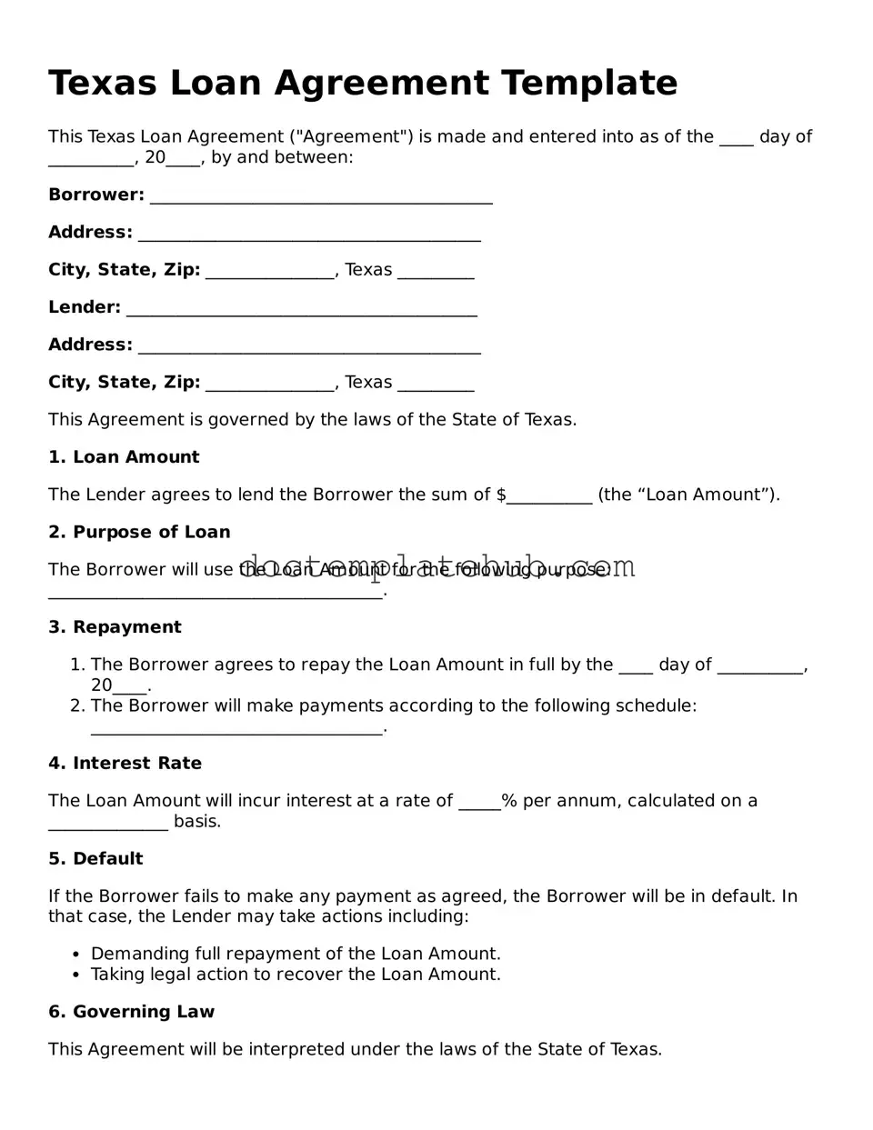 Fillable Loan Agreement Template for Texas State