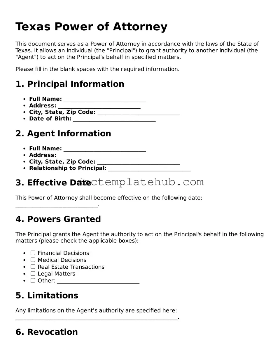 Fillable Power of Attorney Template for Texas State