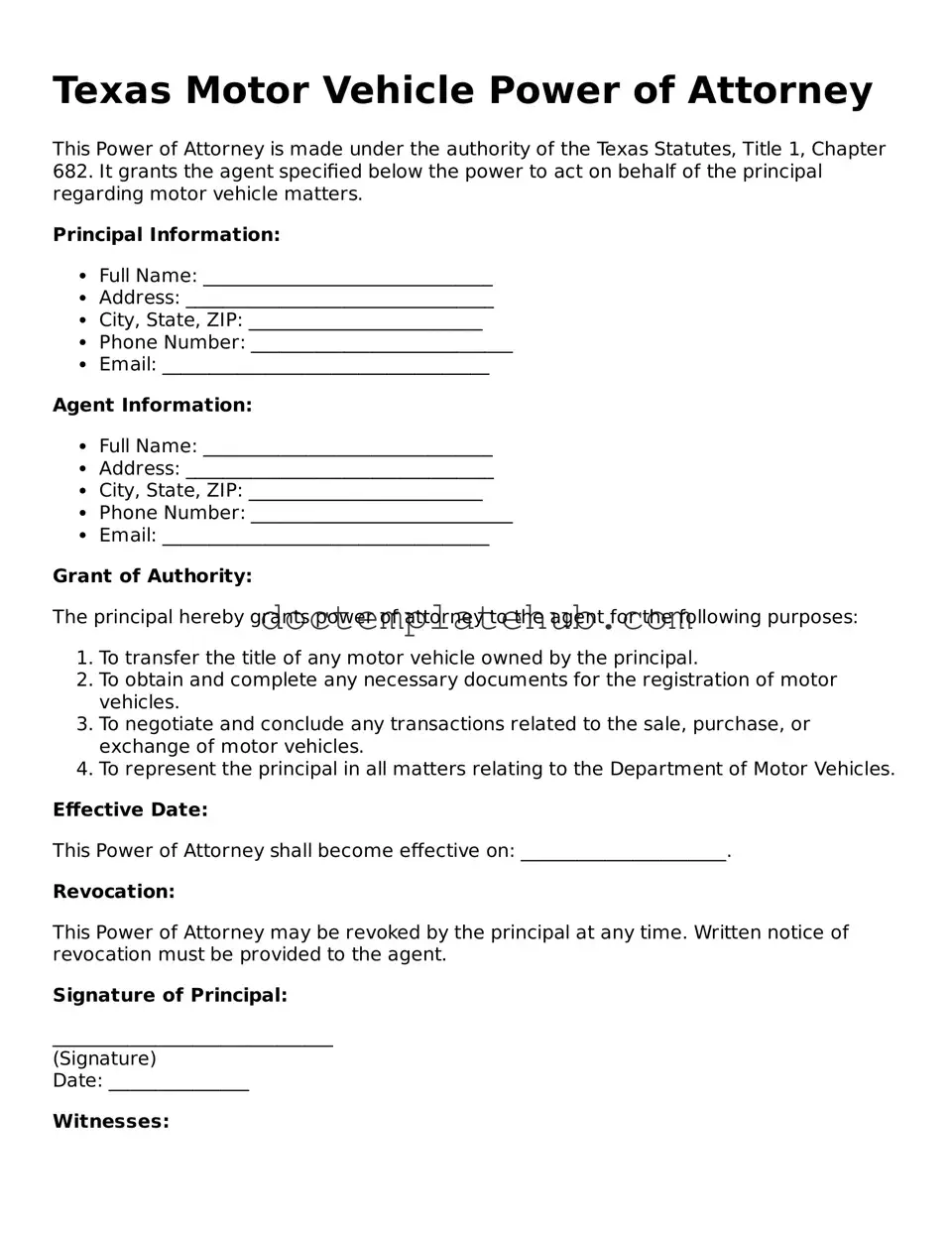 Fillable Motor Vehicle Power of Attorney Template for Texas State