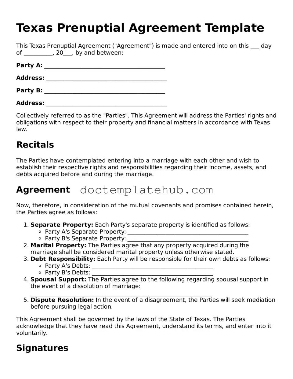 Fillable Prenuptial Agreement Template for Texas State