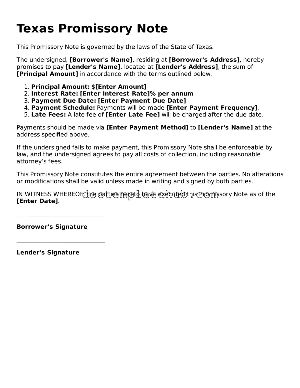 Fillable Promissory Note Template for Texas State