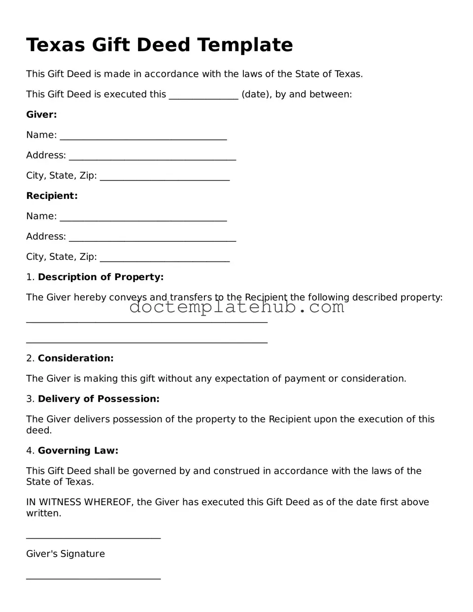 Fillable Gift Deed Template for Texas State