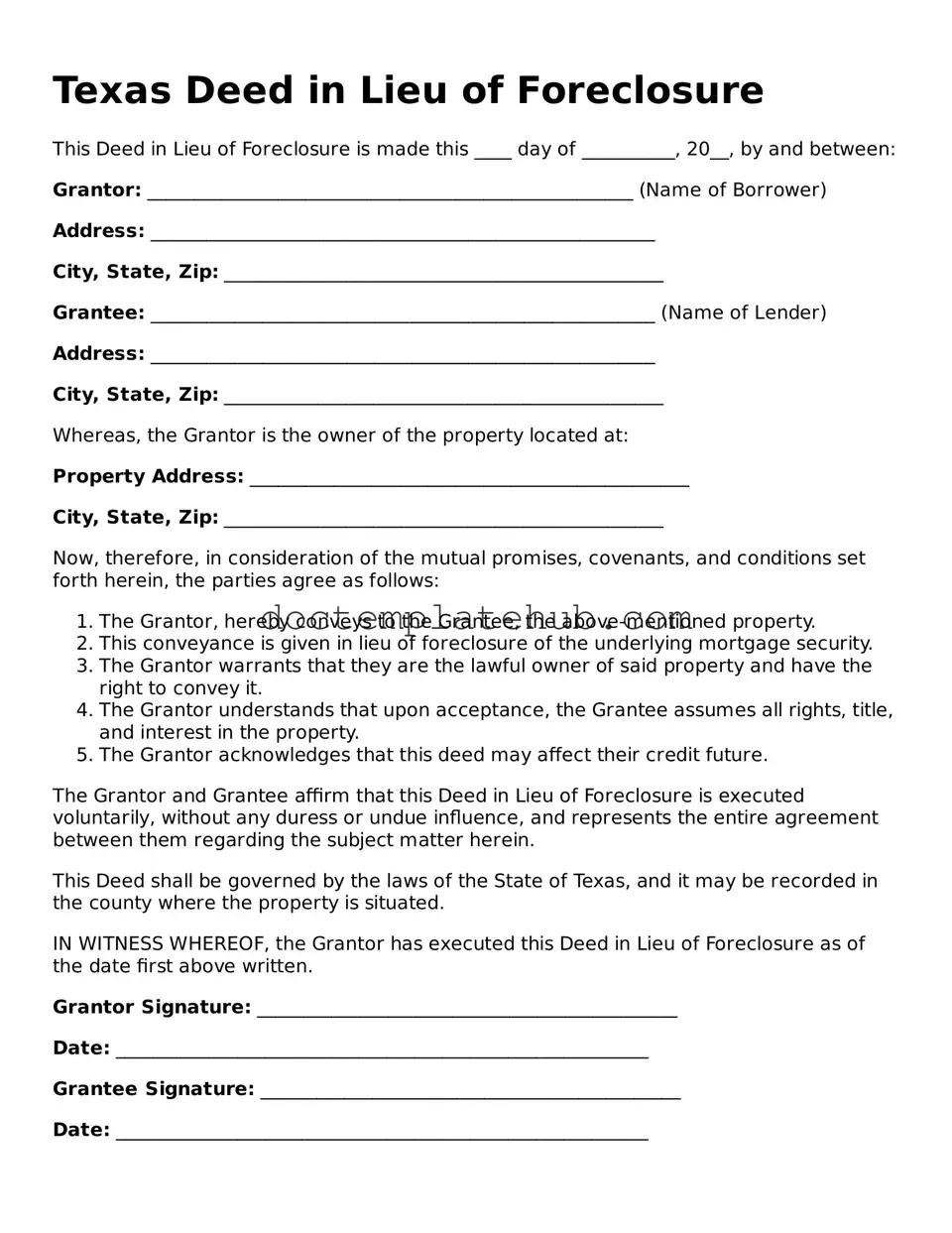 Fillable Deed in Lieu of Foreclosure Template for Texas State