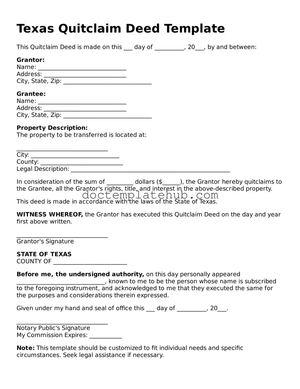 Fillable Quitclaim Deed Template for Texas State