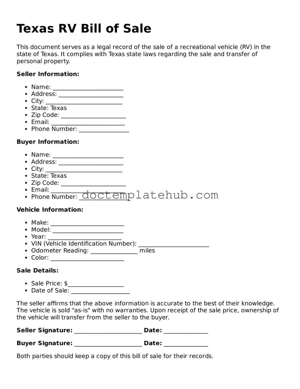 Fillable RV Bill of Sale Template for Texas State